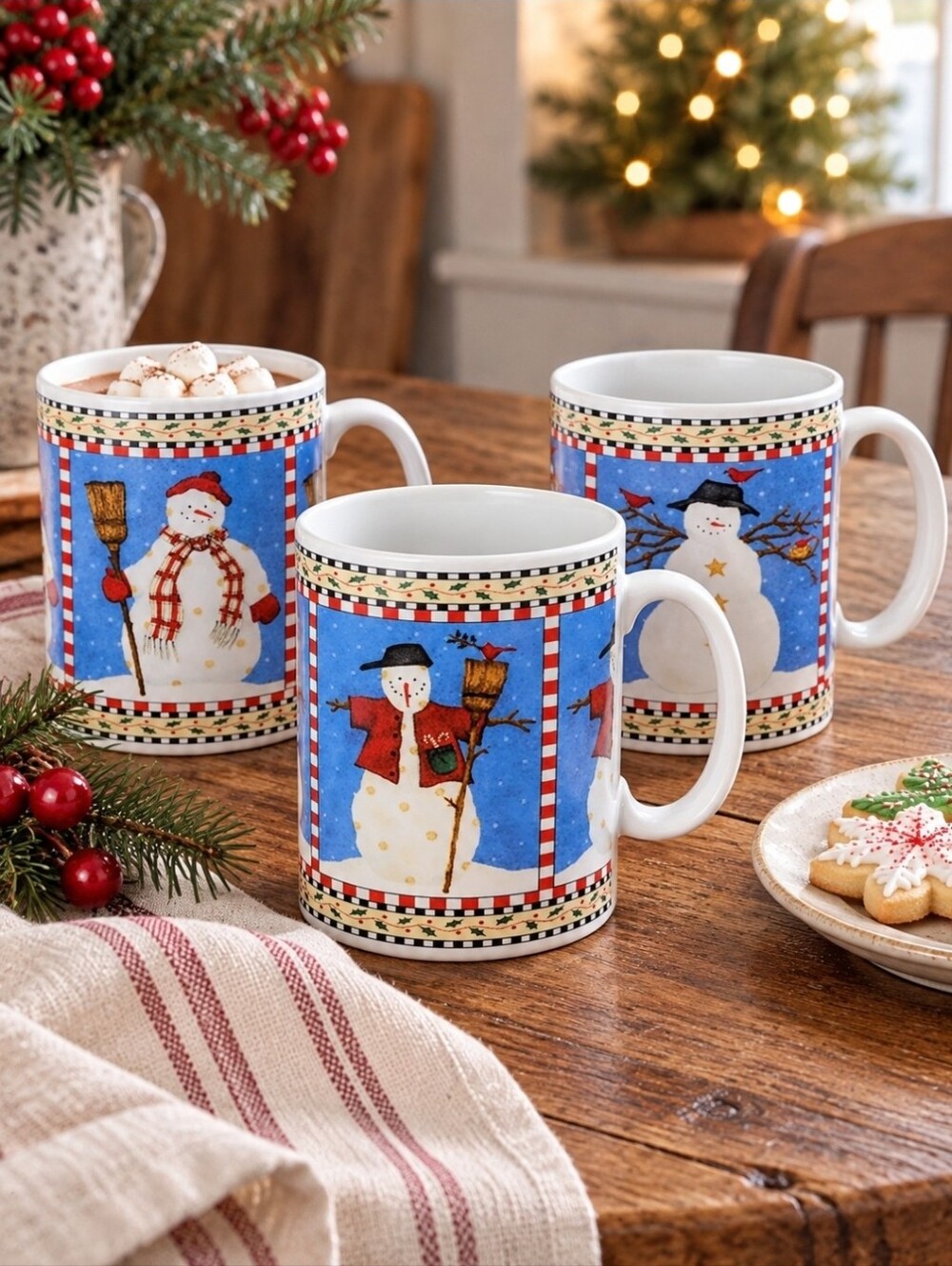 Debbie Mumm Snowman Sakura Oneida Christmas Mugs Set of 3 Vintage